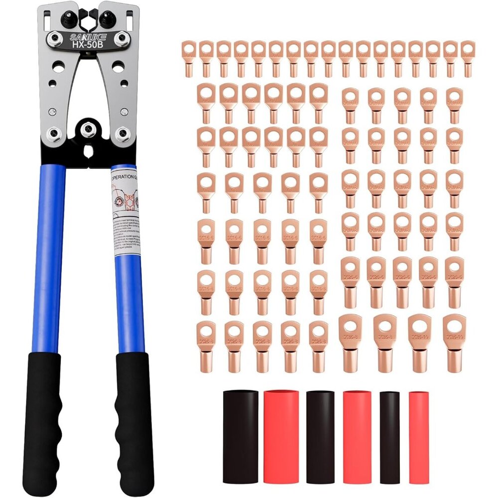 Battery Cable Lug Crimping Tool for -1/0, Wire Crimper with 78pcs Copper Lug Rin
